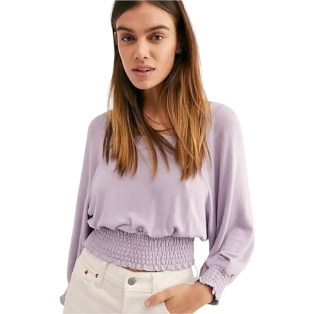 Free People Lavender Square Neck Soft Knit Smocked Cropped Golden Tee Size XS